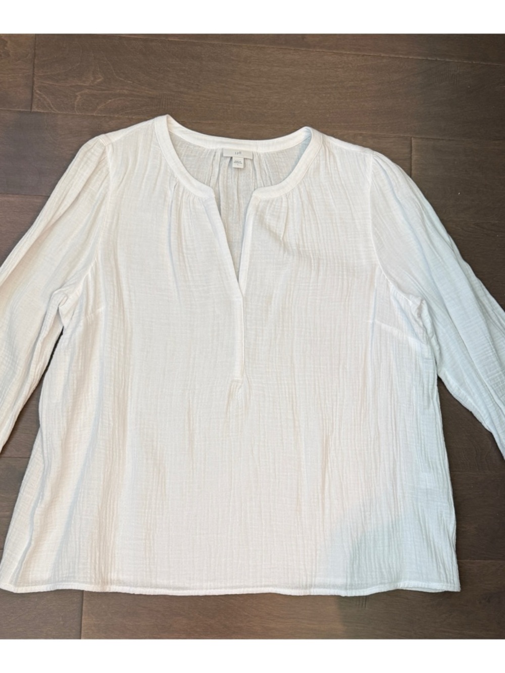 J. Jill White 100% Cotton Gauze Split-Neck Top Blouse 3/4 Sleeves L Excellent